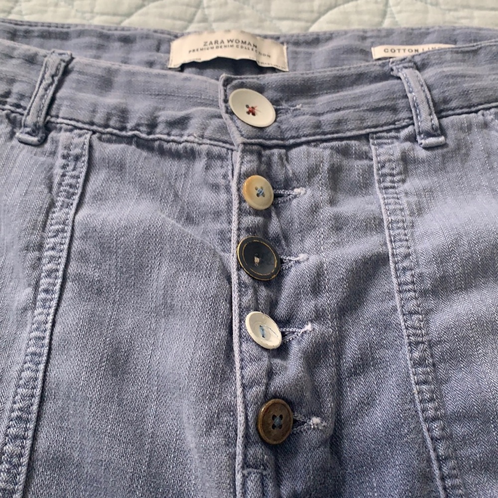 Blue cotton linen soft denim cropped flared pants.